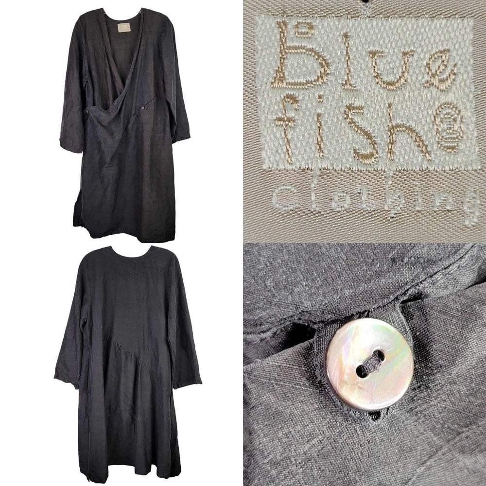 Blue Fish Women's Black Linen Wrap-Style Kimono Dress